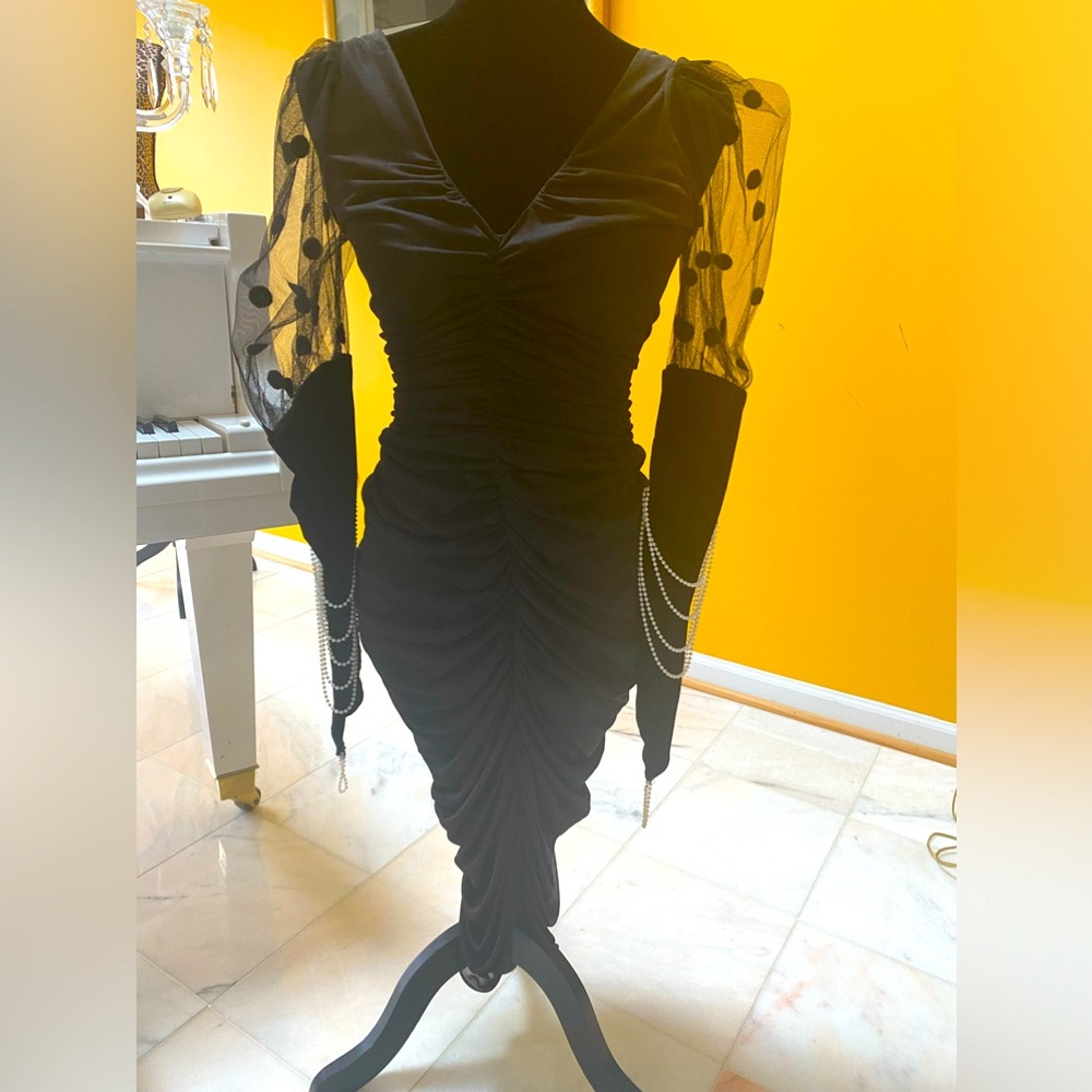 Black ruched dress with pearls